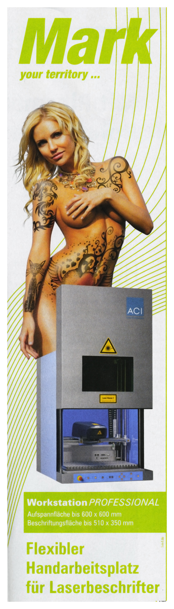 Anzeige für Lasermarkiergerät. Gesehen in technischem Fachmagazin. Anzeige für Lasermarkiergerät. Gesehen in technischem Fachmagazin.