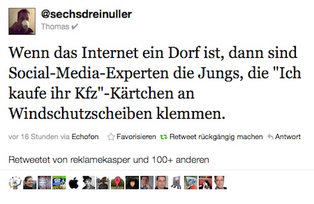 sechsdreinuller. Quelle: http://twitter.com/#!/sechsdreinuller/status/143716561914572802 Zitat des Tages: sechsdreinuller. Quelle: http://twitter.com/#!/sechsdreinuller/status/143716561914572802